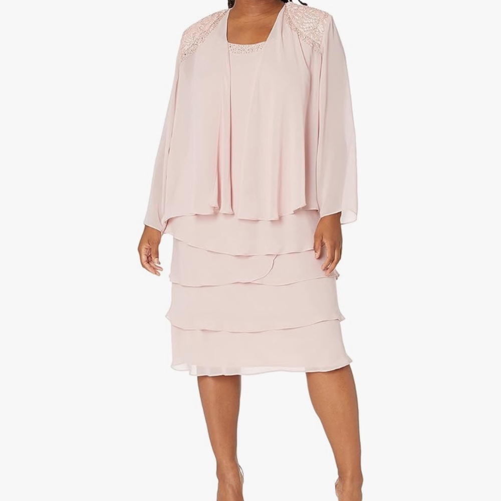 SLNY Women's 10 Rose Beaded Neck Sleeveless 2 Piece Sheath Dress & Jacket NWT